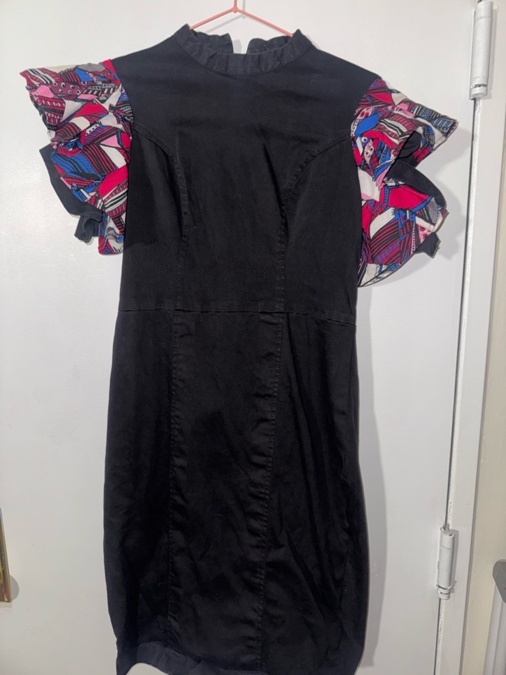 Handsewn Black Bodycon Dress with African Print Ruffle Sleeves